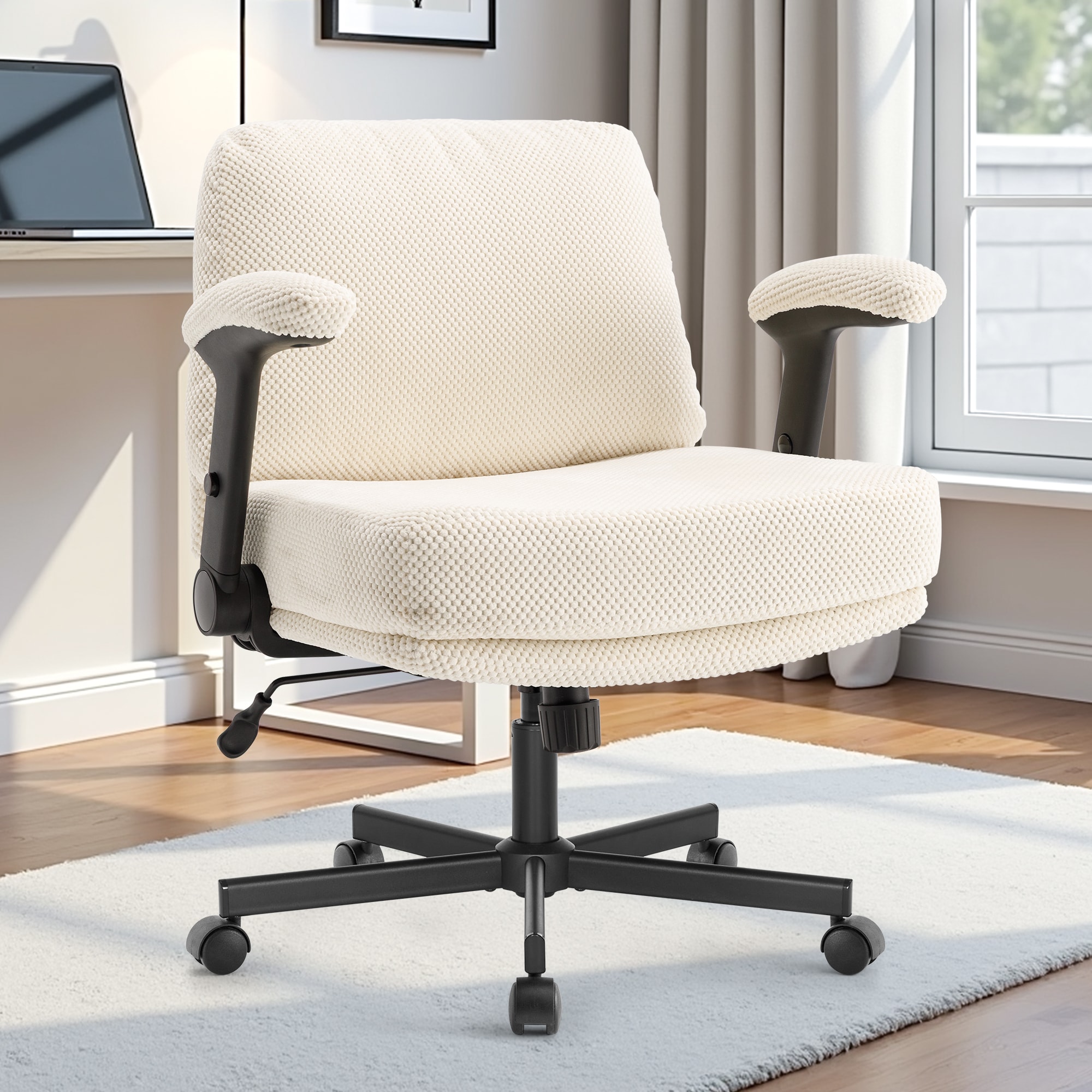 Criss Cross Chair With Wheels And Flip Arms- Comfy Fabric Cross Legged Office Chair With Thick Cushion&Wide Seat, Adjustable Swivel Desk Chair For Home Office, Apartment, Bedroom_voghion.com